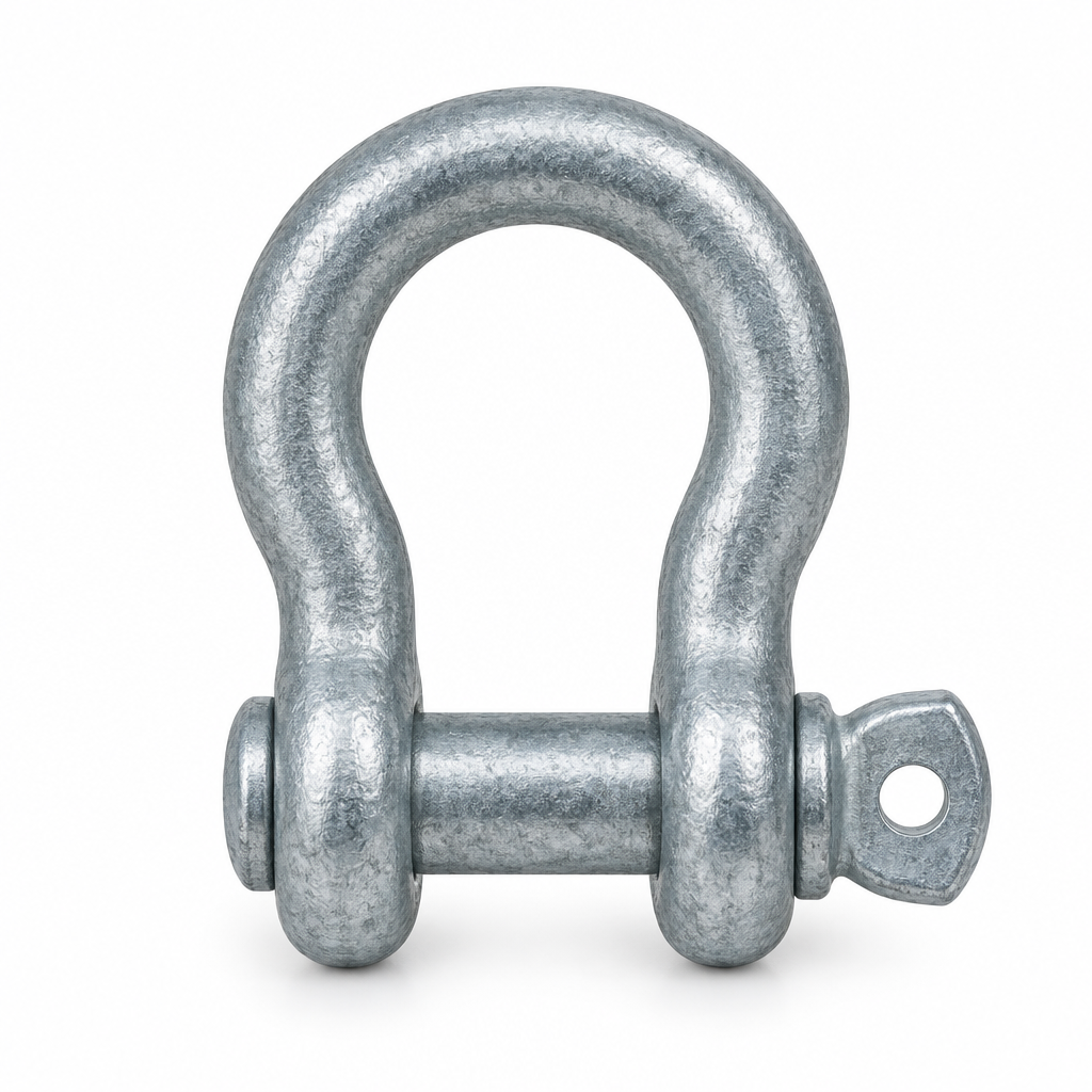 Illustration of a bow-type galvanised steel shackle on a white background